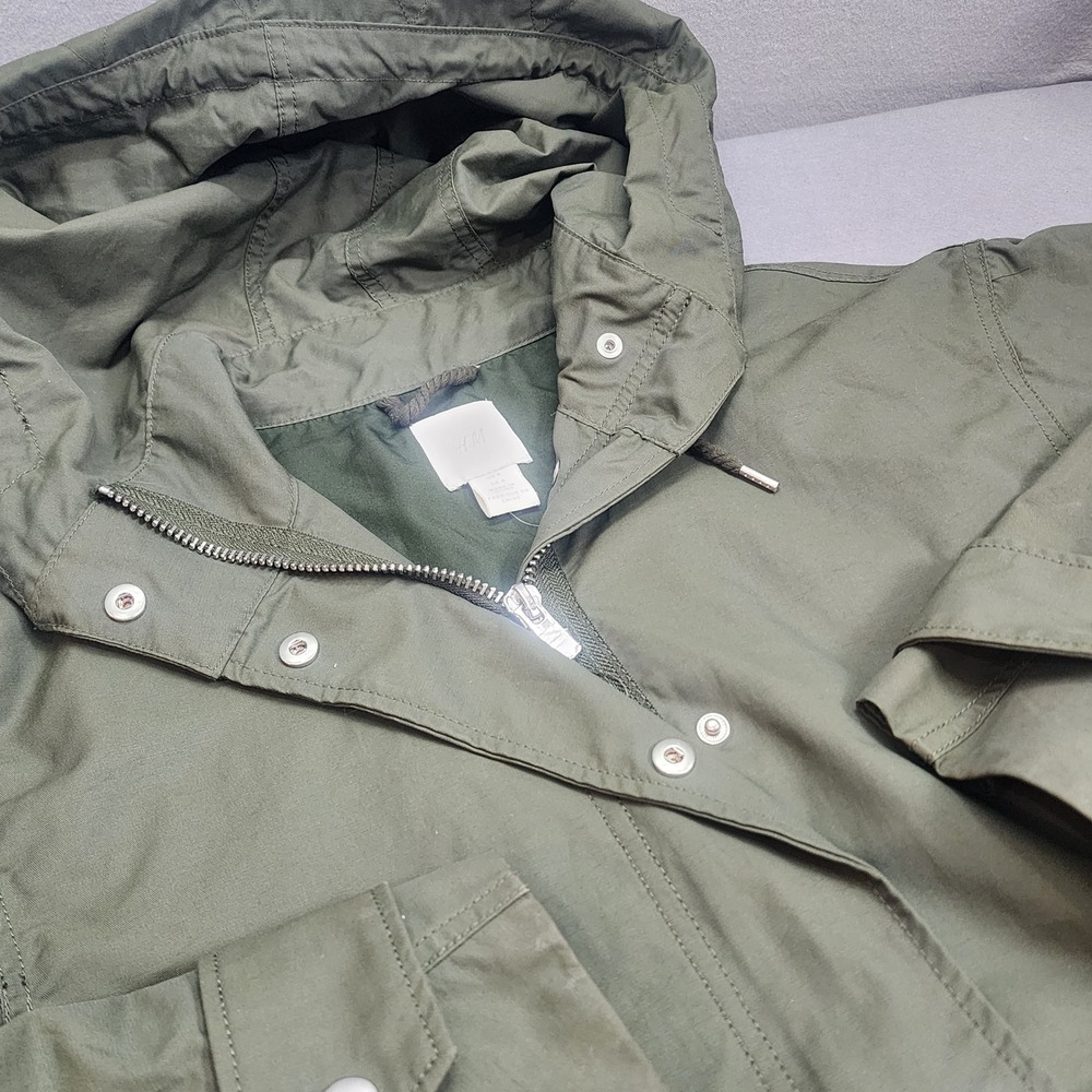H&M Utility Jacket Olive Green Hooded Drawstring Hem Womens Size‎ 4 - Picture 4 of 8
